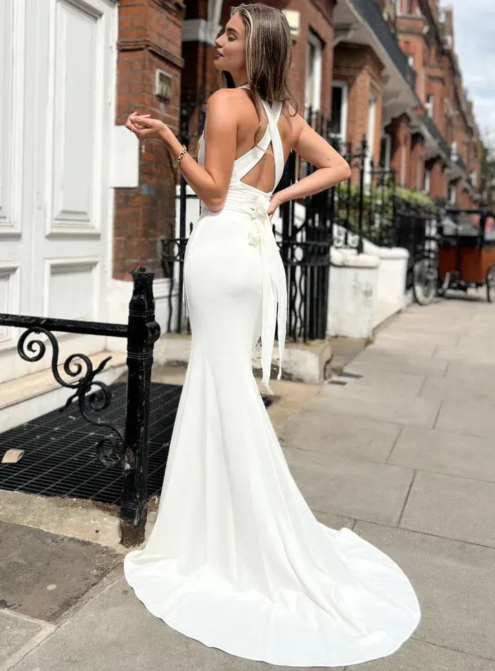 Mermaid/Trumpet Cowl Neck Sleeveless Sweep/Brush Train Wedding Dress