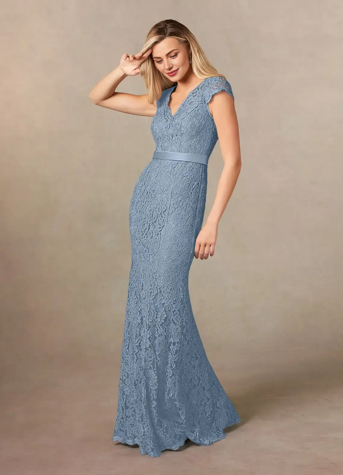 Mermaid V-Neck Cap Sleeves Back Zip Floor-Length Mother of the Bride Dress