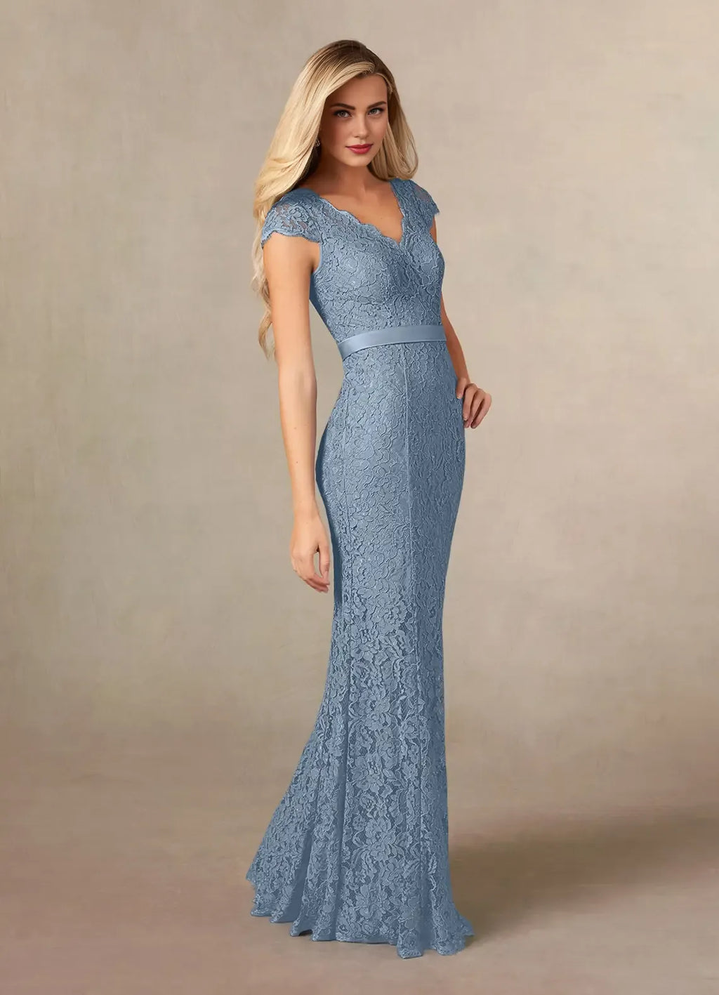 Mermaid V-Neck Cap Sleeves Back Zip Floor-Length Mother of the Bride Dress