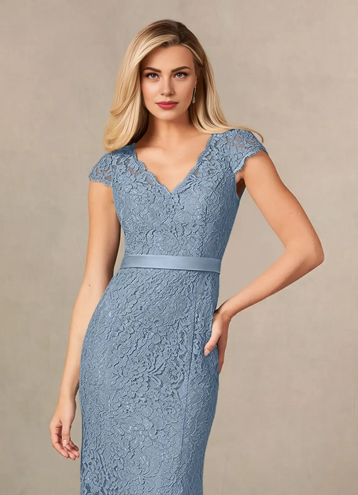 Mermaid V-Neck Cap Sleeves Back Zip Floor-Length Mother of the Bride Dress