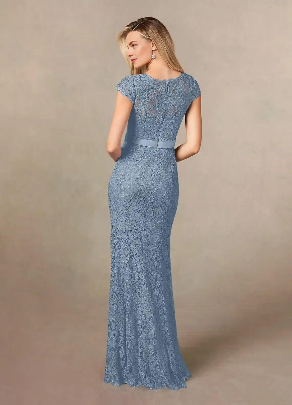 Mermaid V-Neck Cap Sleeves Back Zip Floor-Length Mother of the Bride Dress