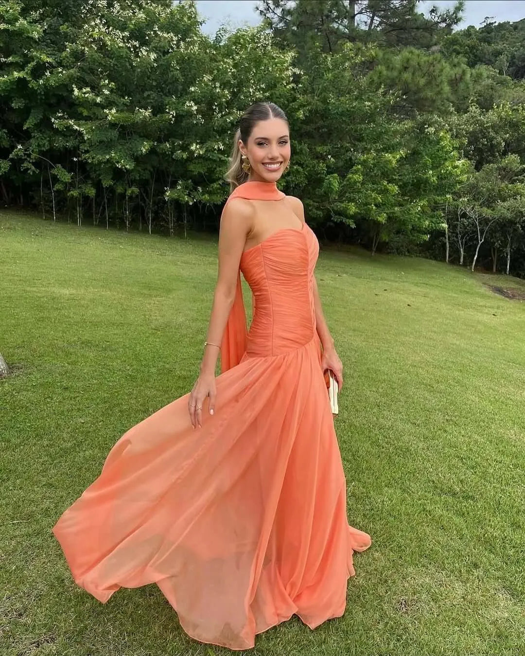 Off The Shoulder Sleeveless A-Line Scarf Long Prom Dress