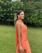 Off The Shoulder Sleeveless A-Line Scarf Long Prom Dress