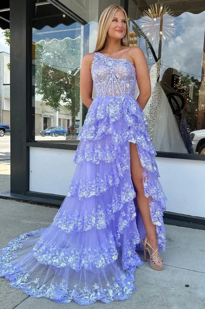 One Shoulder Sleeveless A-Line Empire Sequins Tiered Slit Long Prom Dress
