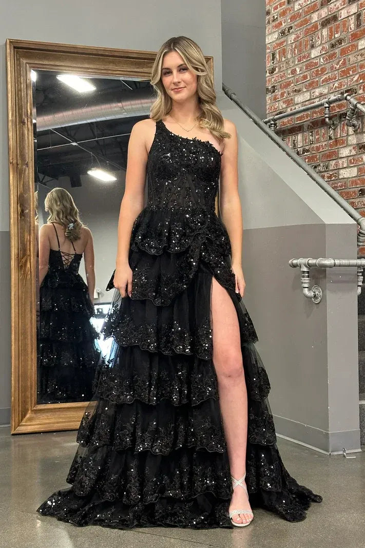 One Shoulder Sleeveless A-Line Empire Sequins Tiered Slit Long Prom Dress