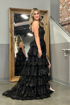 One Shoulder Sleeveless A-Line Empire Sequins Tiered Slit Long Prom Dress