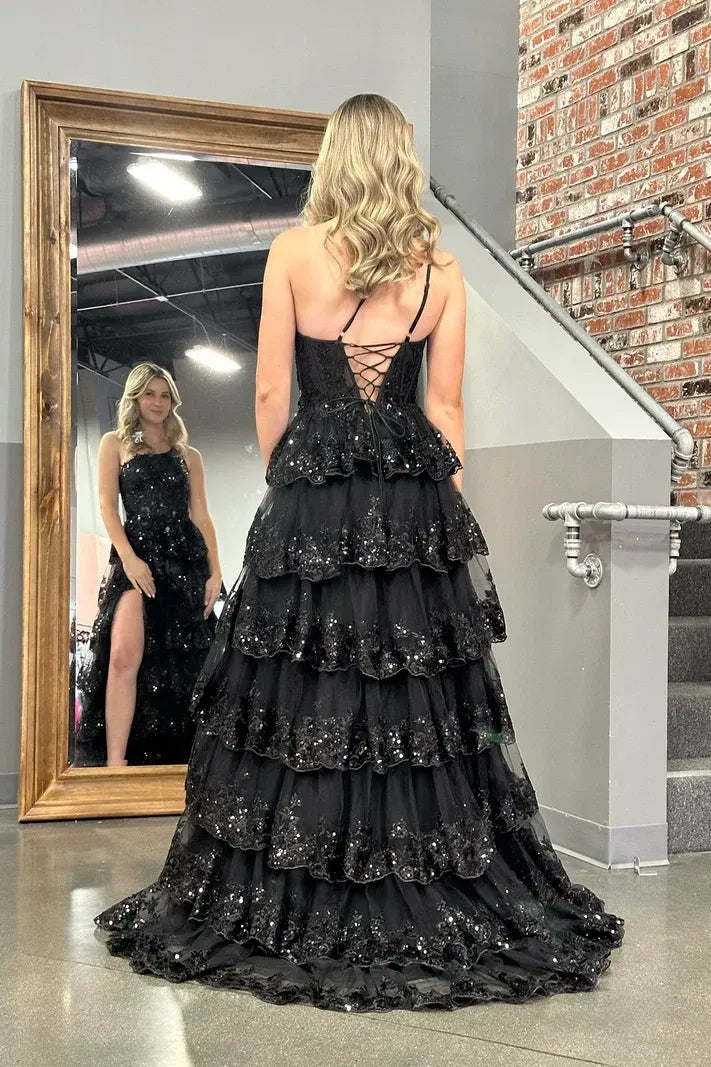 One Shoulder Sleeveless A-Line Empire Sequins Tiered Slit Long Prom Dress