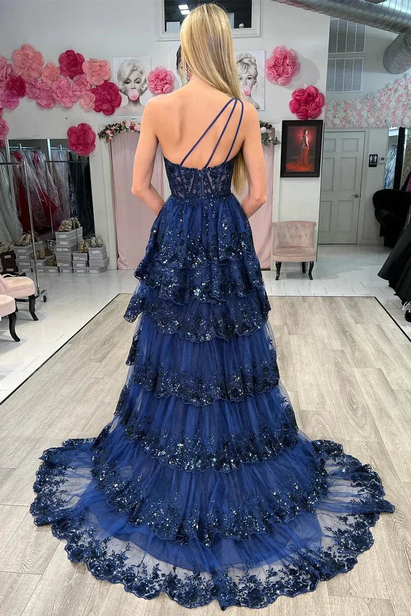 One Shoulder Sleeveless A-Line Empire Sequins Tiered Slit Long Prom Dress