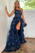 One Shoulder Sleeveless A-Line Empire Sequins Tiered Slit Long Prom Dress