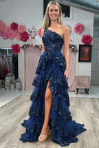 One Shoulder Sleeveless A-Line Empire Sequins Tiered Slit Long Prom Dress