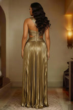 One Shoulder Sleeveless A-Line Metallic Ruched Long Party Gown