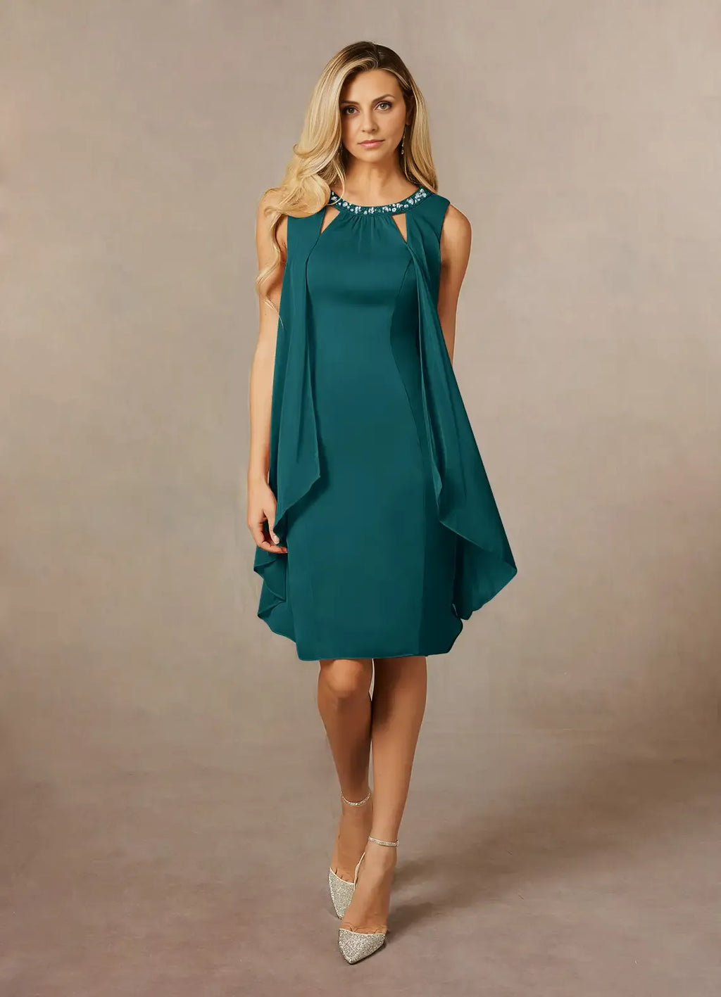Dress Classic Peacock A-Line Sequins Scoop Neck Dress Knee-Length Sleeveless Keyhole Back Mother of the Bride Dress