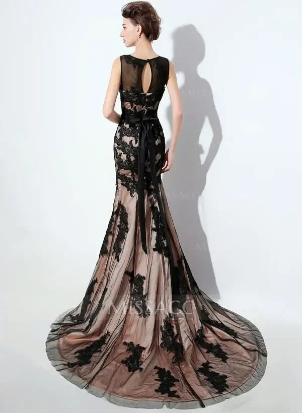 Scoop Neck Sleeveless Mermaid Appliques Court Train Prom Gown