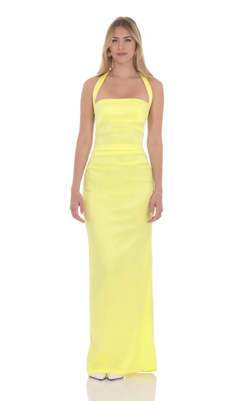 Sheath/Column Halter Neck Sleeveless Backless Floor-Length Prom Dress