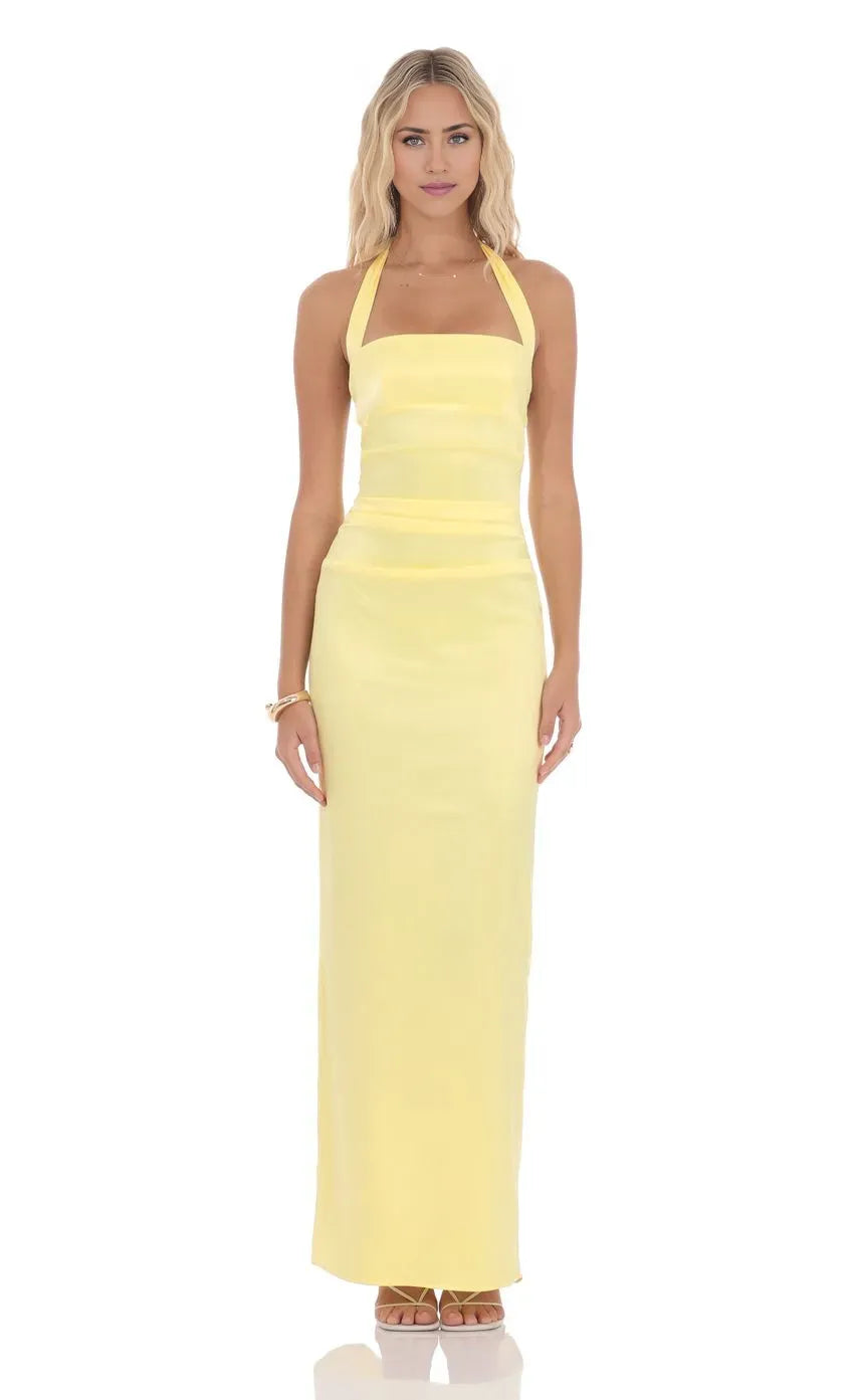 Sheath/Column Halter Neck Sleeveless Backless Floor-Length Prom Dress