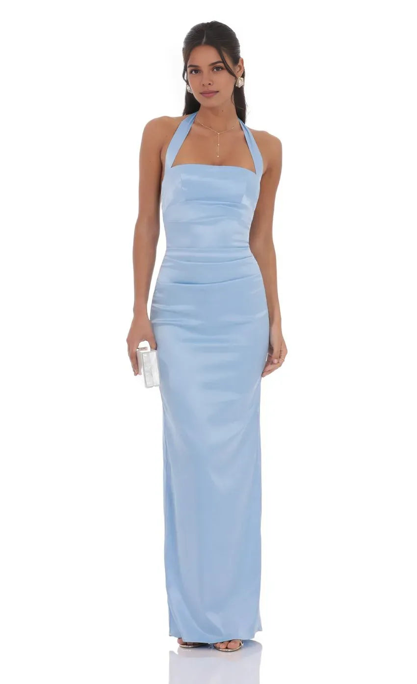 Sheath/Column Halter Neck Sleeveless Backless Floor-Length Prom Dress