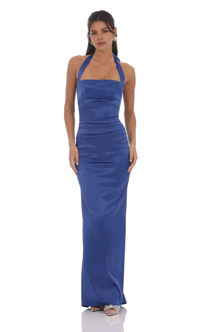 Sheath/Column Halter Neck Sleeveless Backless Floor-Length Prom Dress