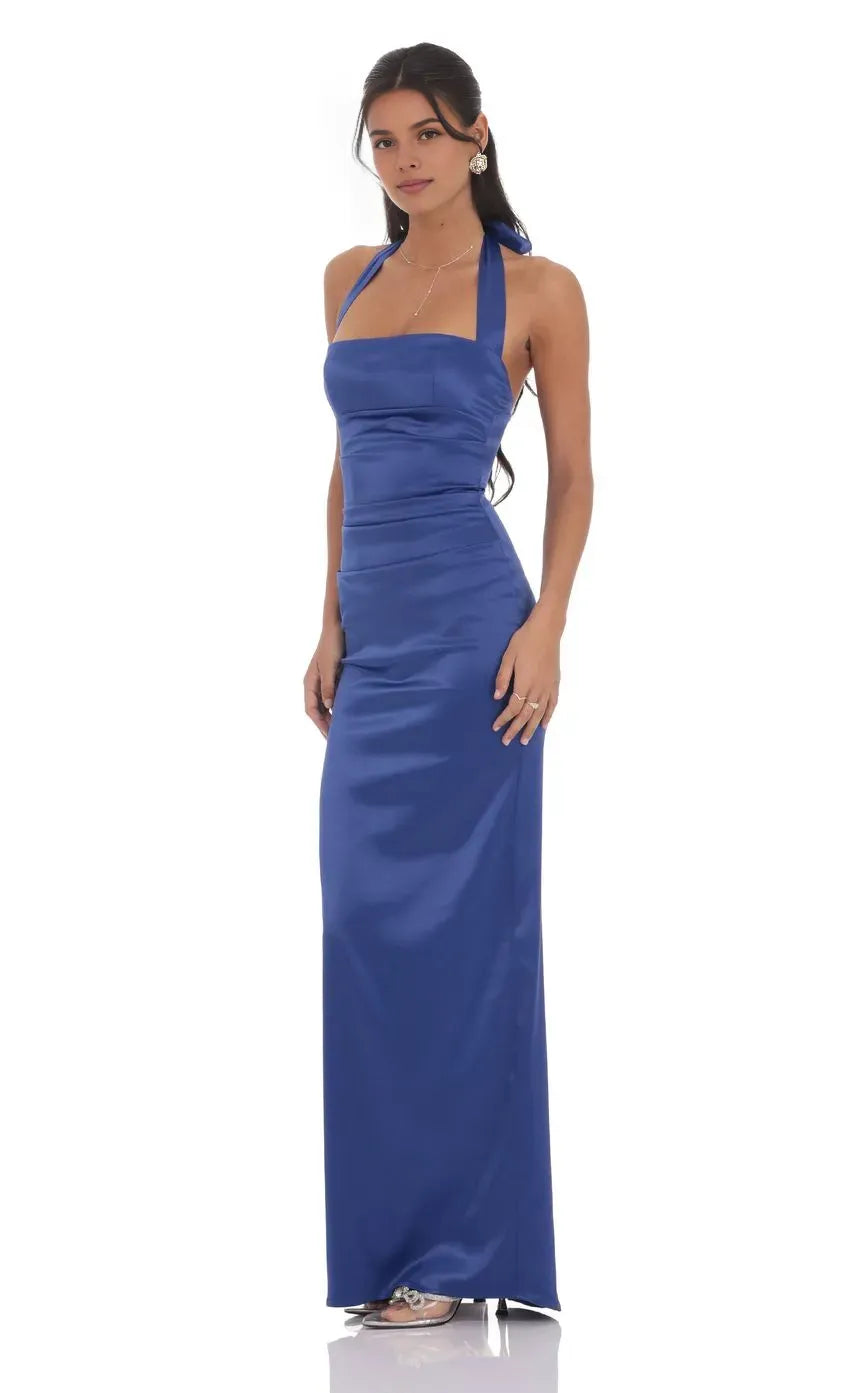 Sheath/Column Halter Neck Sleeveless Backless Floor-Length Prom Dress
