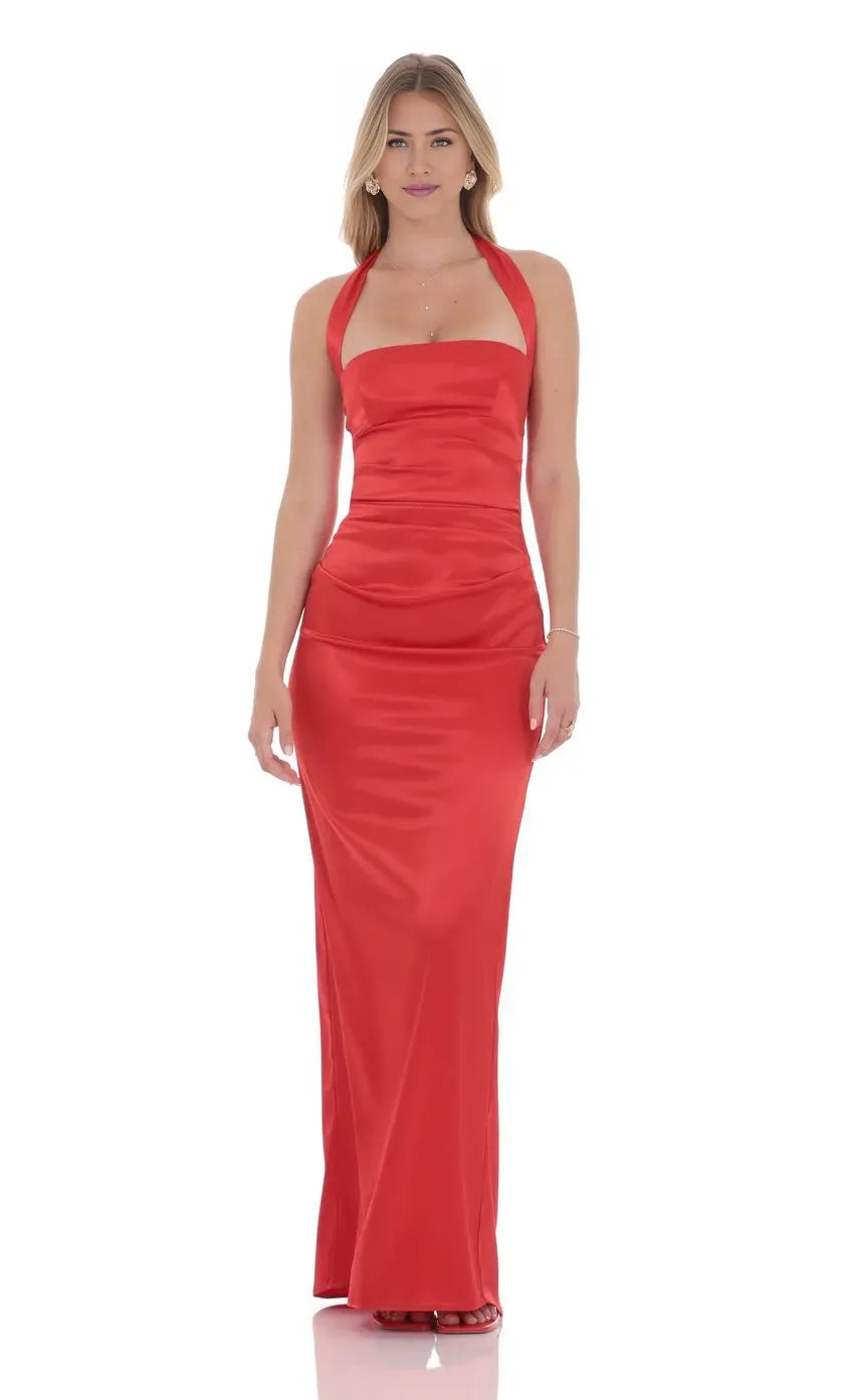 Sheath/Column Halter Neck Sleeveless Backless Floor-Length Prom Dress