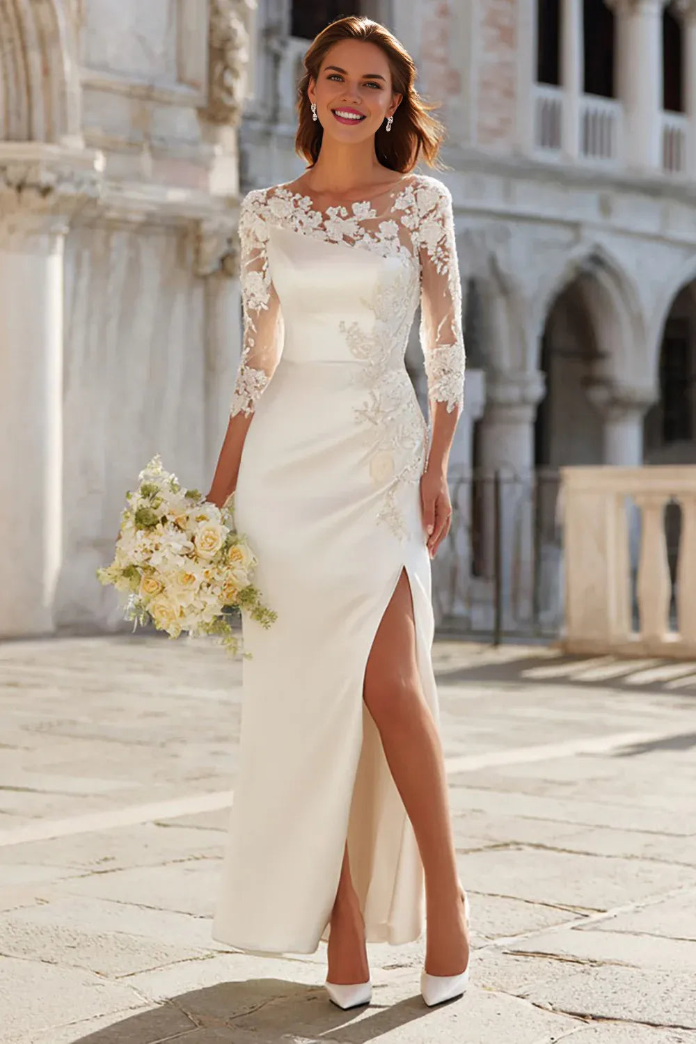 Sheath/Column Jewel Neck Long Sleeve Floor-Length Wedding Dress