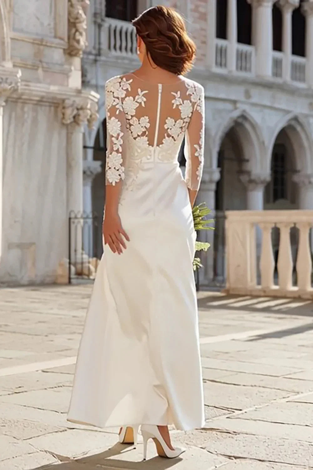 Sheath/Column Jewel Neck Long Sleeve Floor-Length Wedding Dress