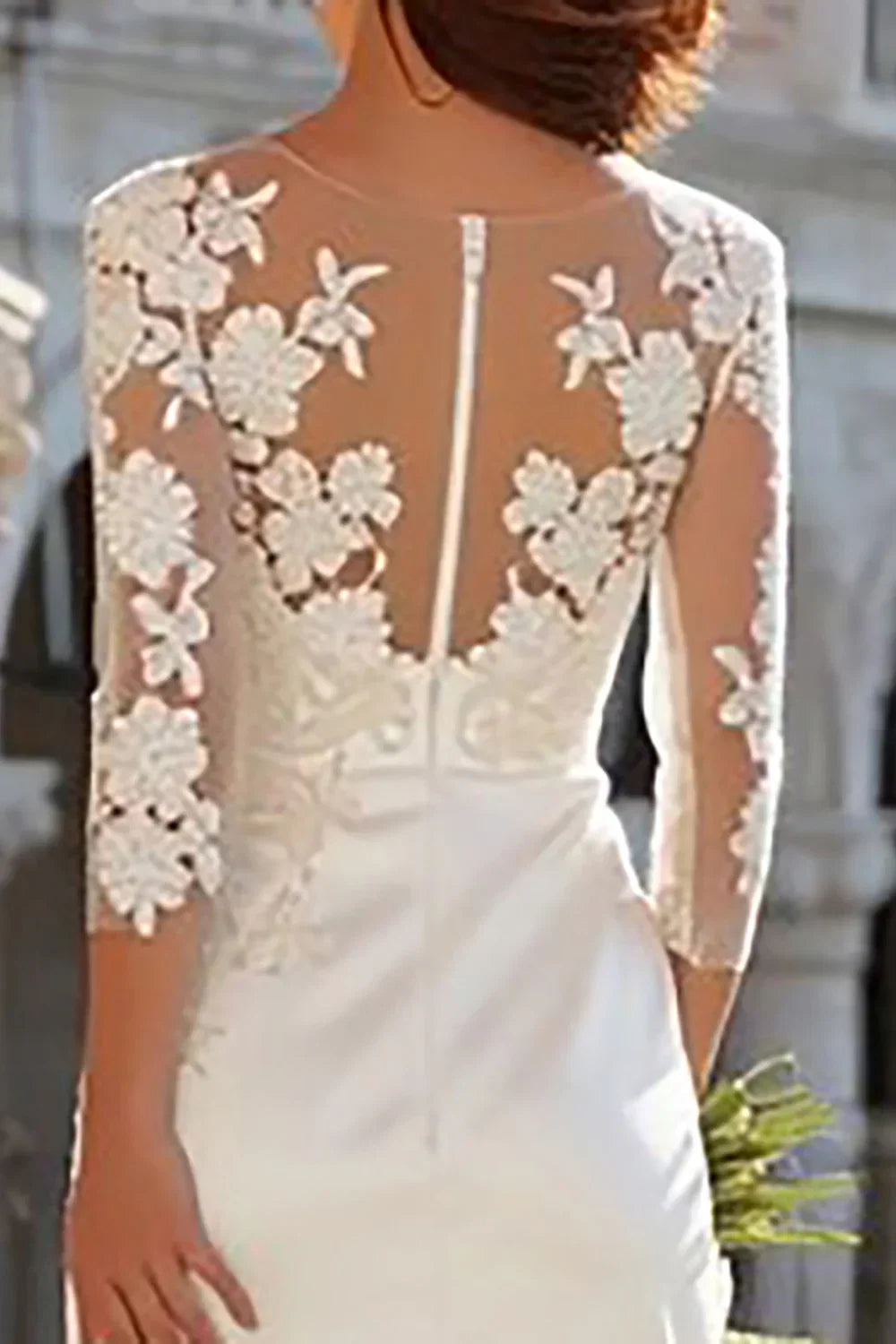 Sheath/Column Jewel Neck Long Sleeve Floor-Length Wedding Dress