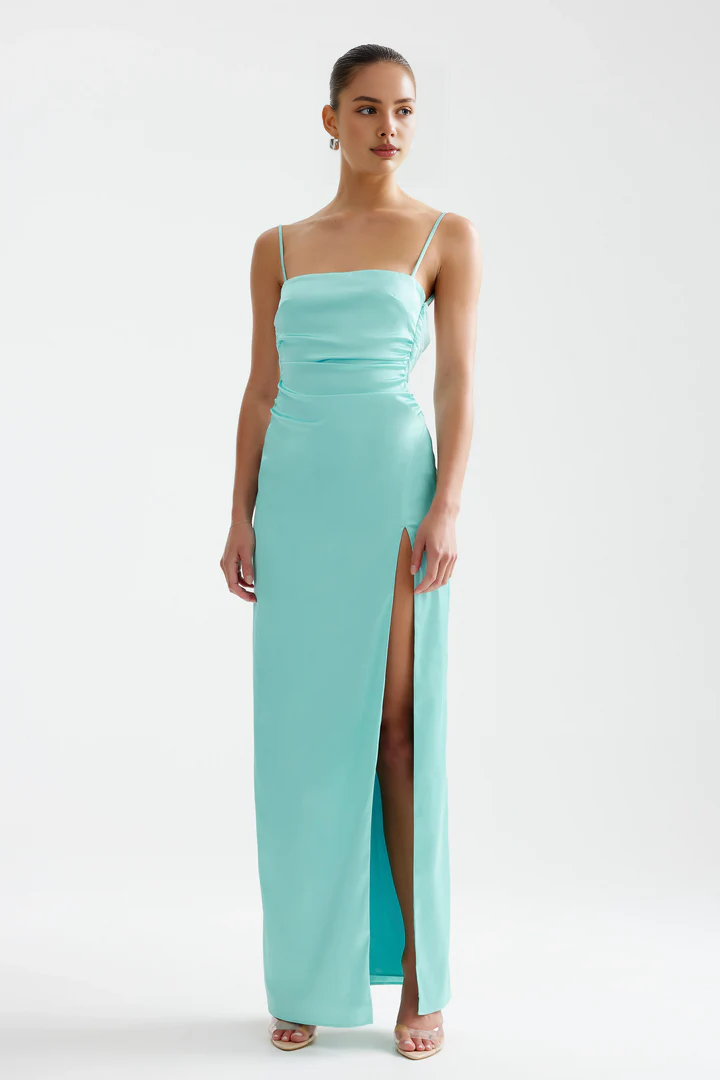 Sheath/Column Spaghetti Straps Sleeveless V Shape Back Floor-Length Prom Dress