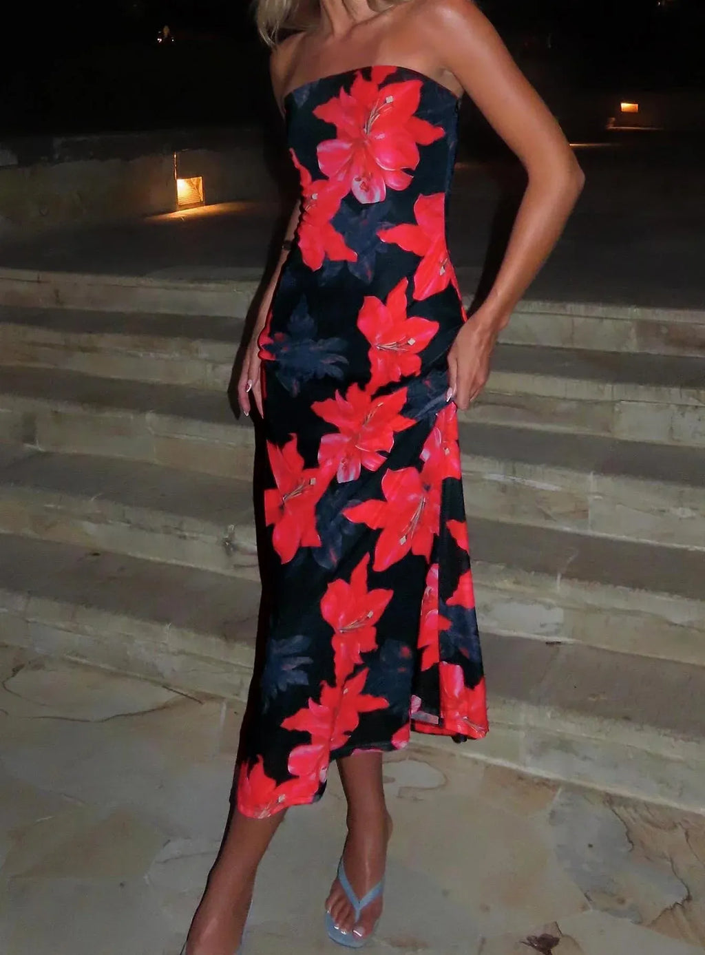 Sheath/Column Strapless Neck Sleeveless Backless Tea-Length Prom Dress