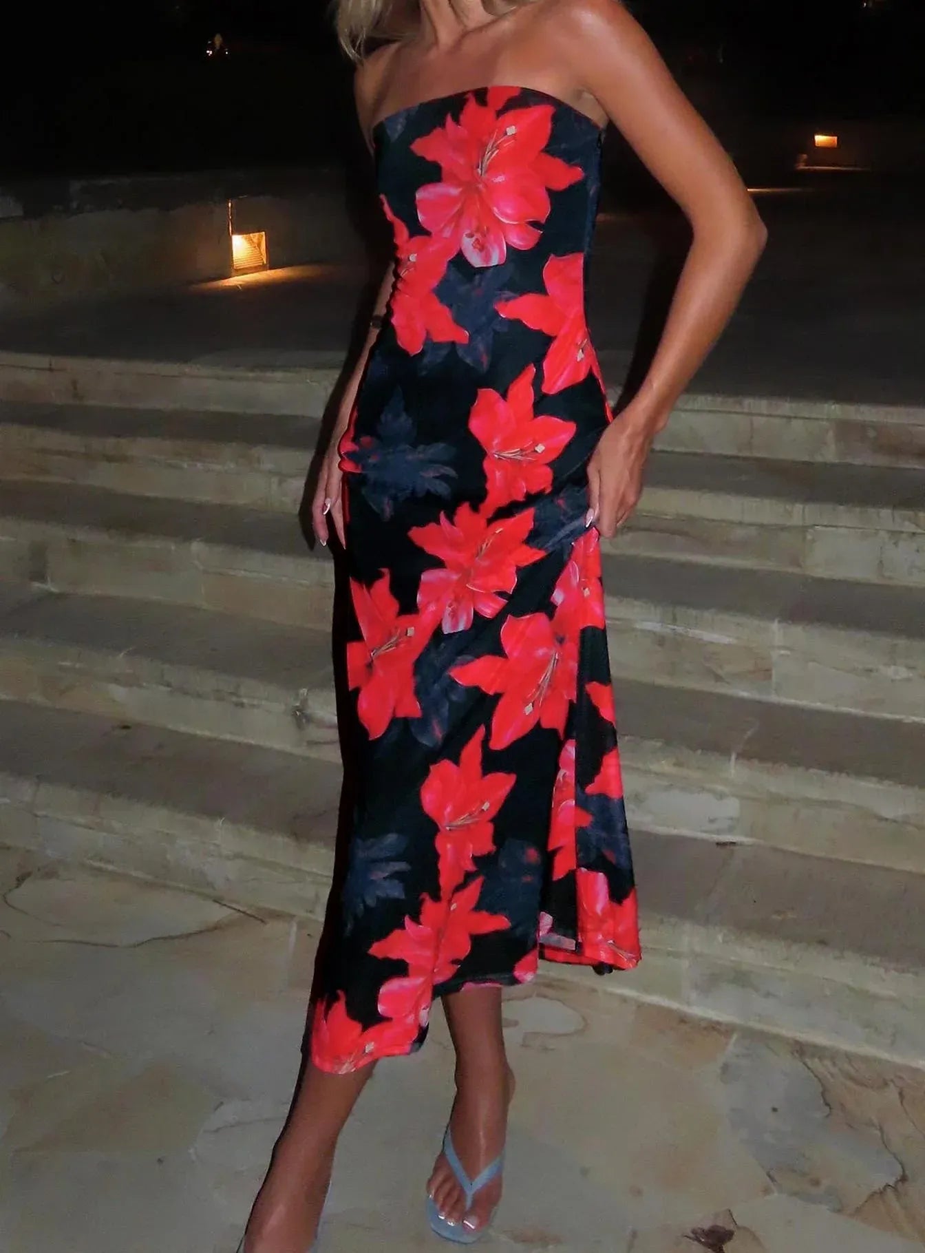 Sheath/Column Strapless Neck Sleeveless Backless Tea-Length Prom Dress