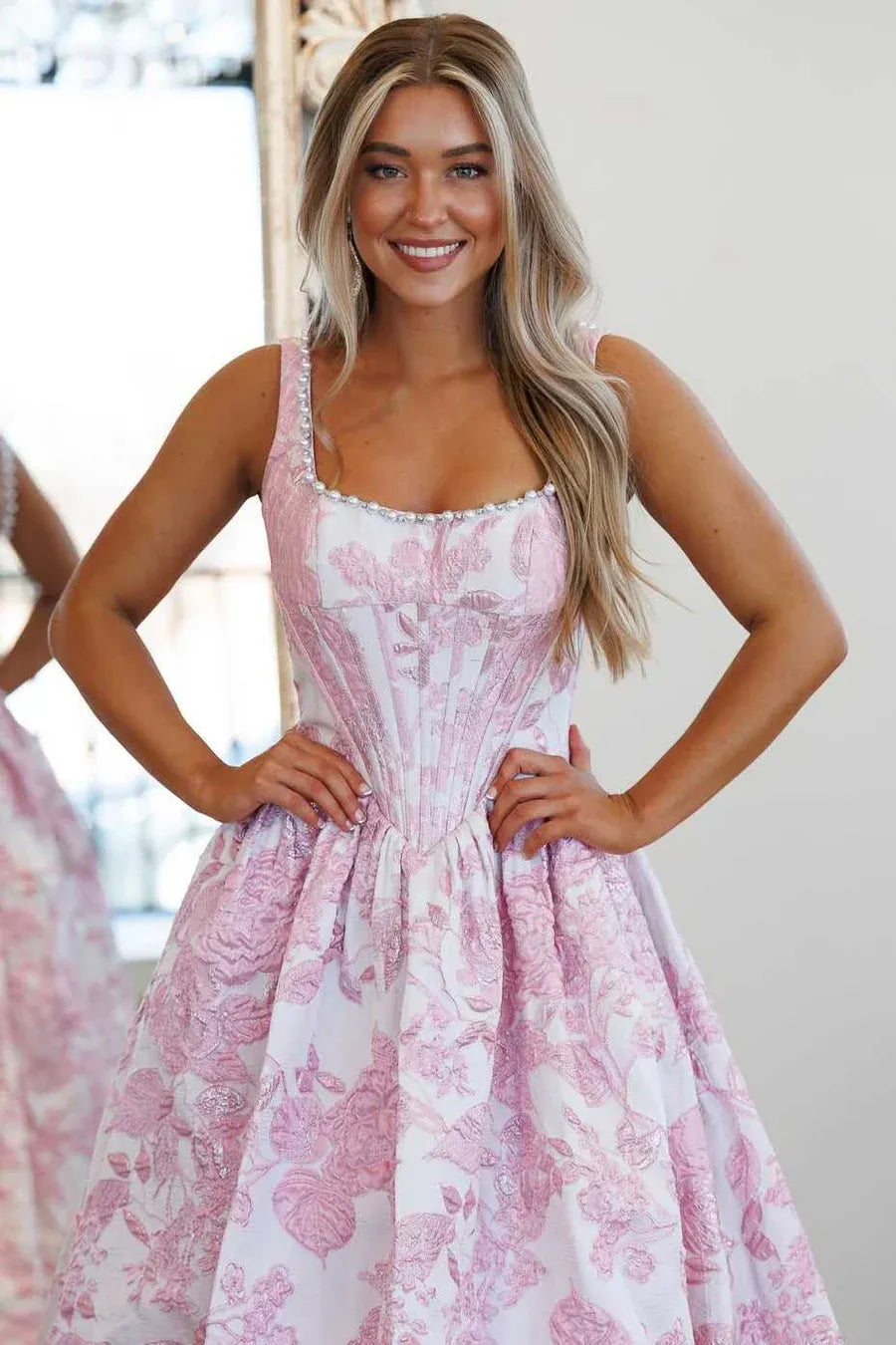Square Neck Sleeveless A-Line Empire-Waist Long Prom Dress