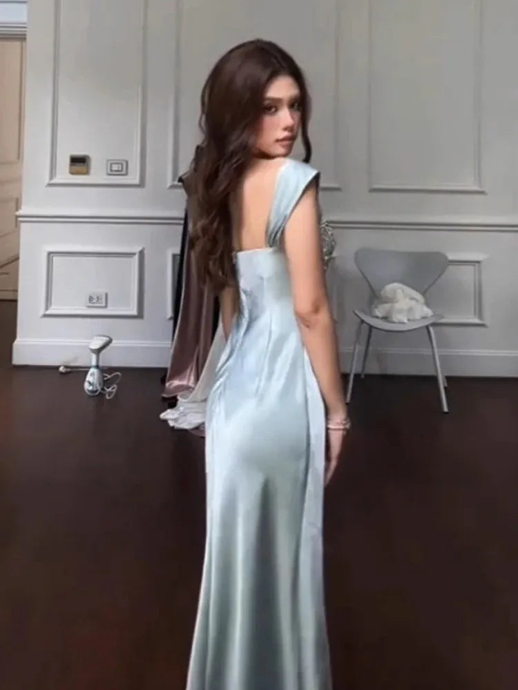 Square Neck Sleeveless Bodycon Crystal Floor Length Evening Dress