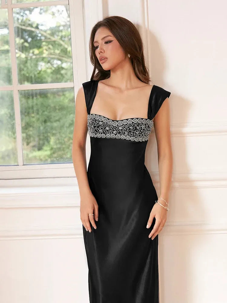 Square Neck Sleeveless Bodycon Crystal Floor Length Evening Dress