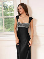 Square Neck Sleeveless Bodycon Crystal Floor Length Evening Dress