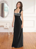 Square Neck Sleeveless Bodycon Crystal Floor Length Evening Dress