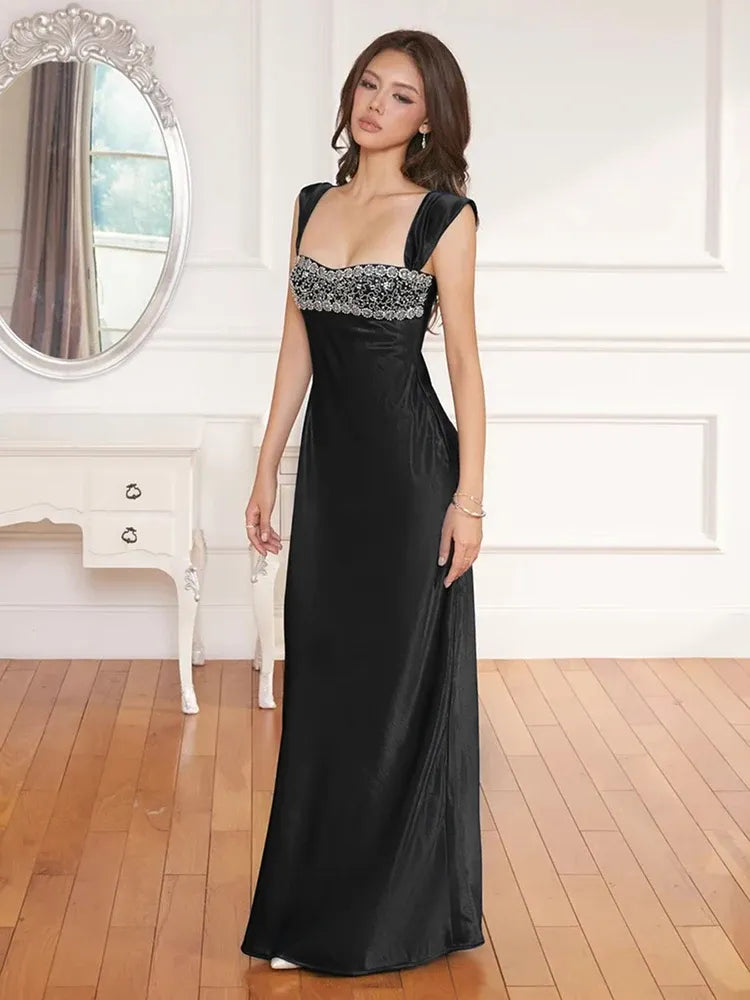 Square Neck Sleeveless Bodycon Crystal Floor Length Evening Dress
