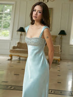 Square Neck Sleeveless Bodycon Crystal Floor Length Evening Dress