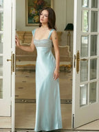 Square Neck Sleeveless Bodycon Crystal Floor Length Evening Dress