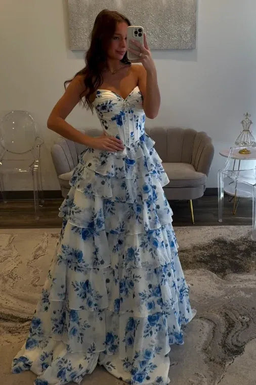 Sweetheart Sleeveless Empire A-Line Tiered Long Prom Dress