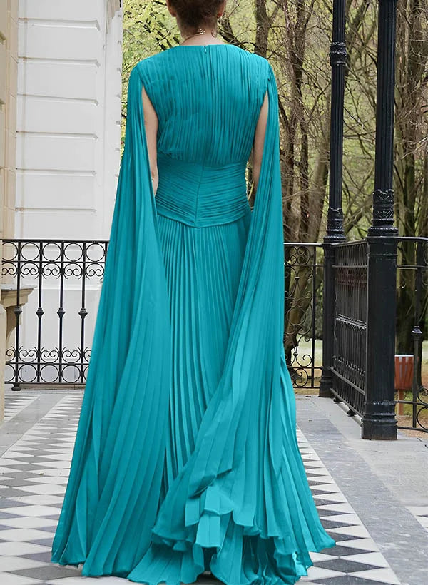 V-Neck Sleeveless A-Line Pleated Long Prom Gown