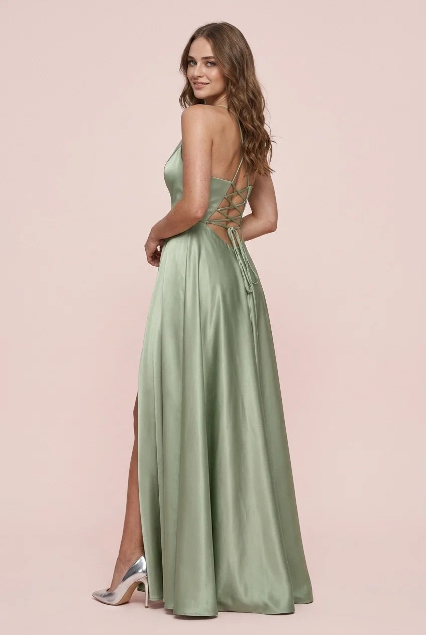 Sage Green Elegant A-Line V-Neck High Slit Long Prom Dress