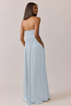 Classic Strapless Satin A-Line Bridesmaid Dress with Pockets & High Slit in Sky Blue