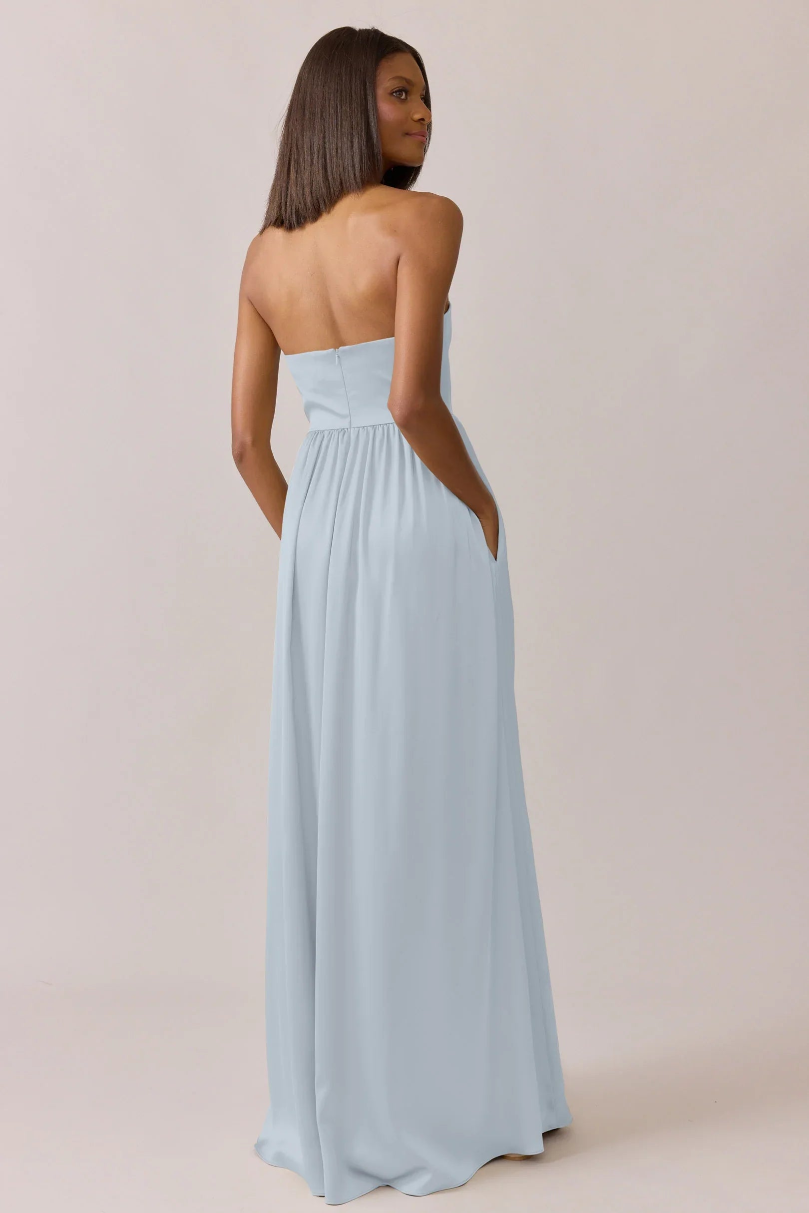 Classic Strapless Satin A-Line Bridesmaid Dress with Pockets & High Slit in Sky Blue