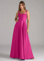 Classic fuchsia satin bridesmaid dress with square neck, wide straps, open back, side pockets and A-line skirt