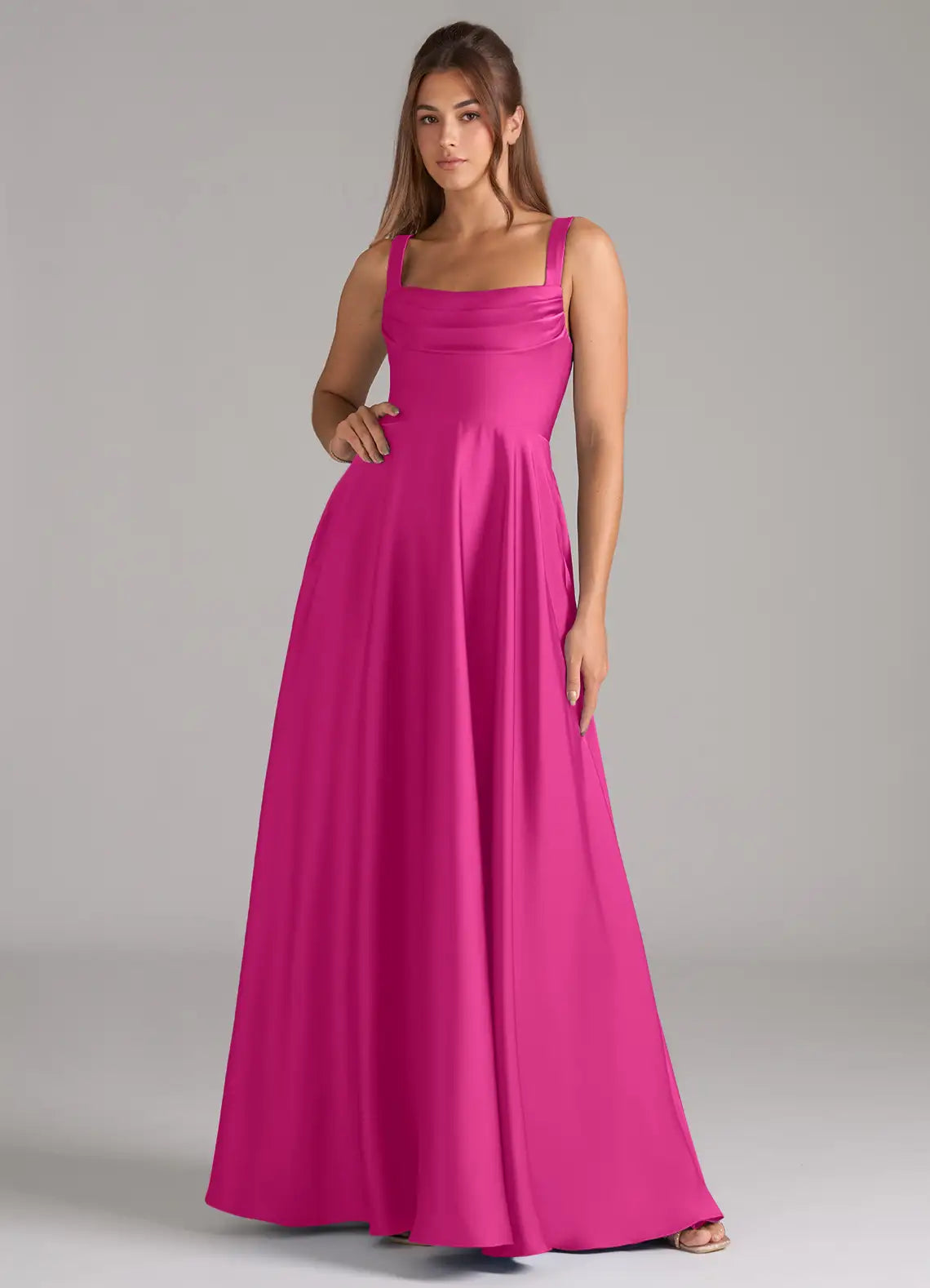 Classic fuchsia satin bridesmaid dress with square neck, wide straps, open back, side pockets and A-line skirt