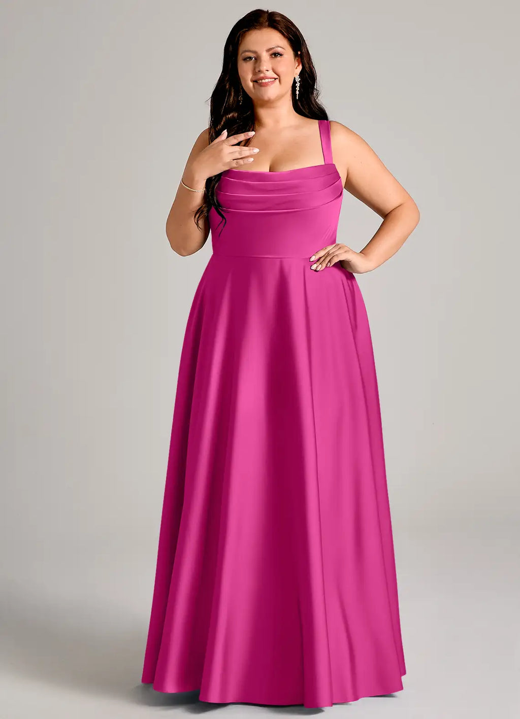 Classic fuchsia satin bridesmaid dress with square neck, wide straps, open back, side pockets and A-line skirt