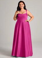 Classic fuchsia satin bridesmaid dress with square neck, wide straps, open back, side pockets and A-line skirt