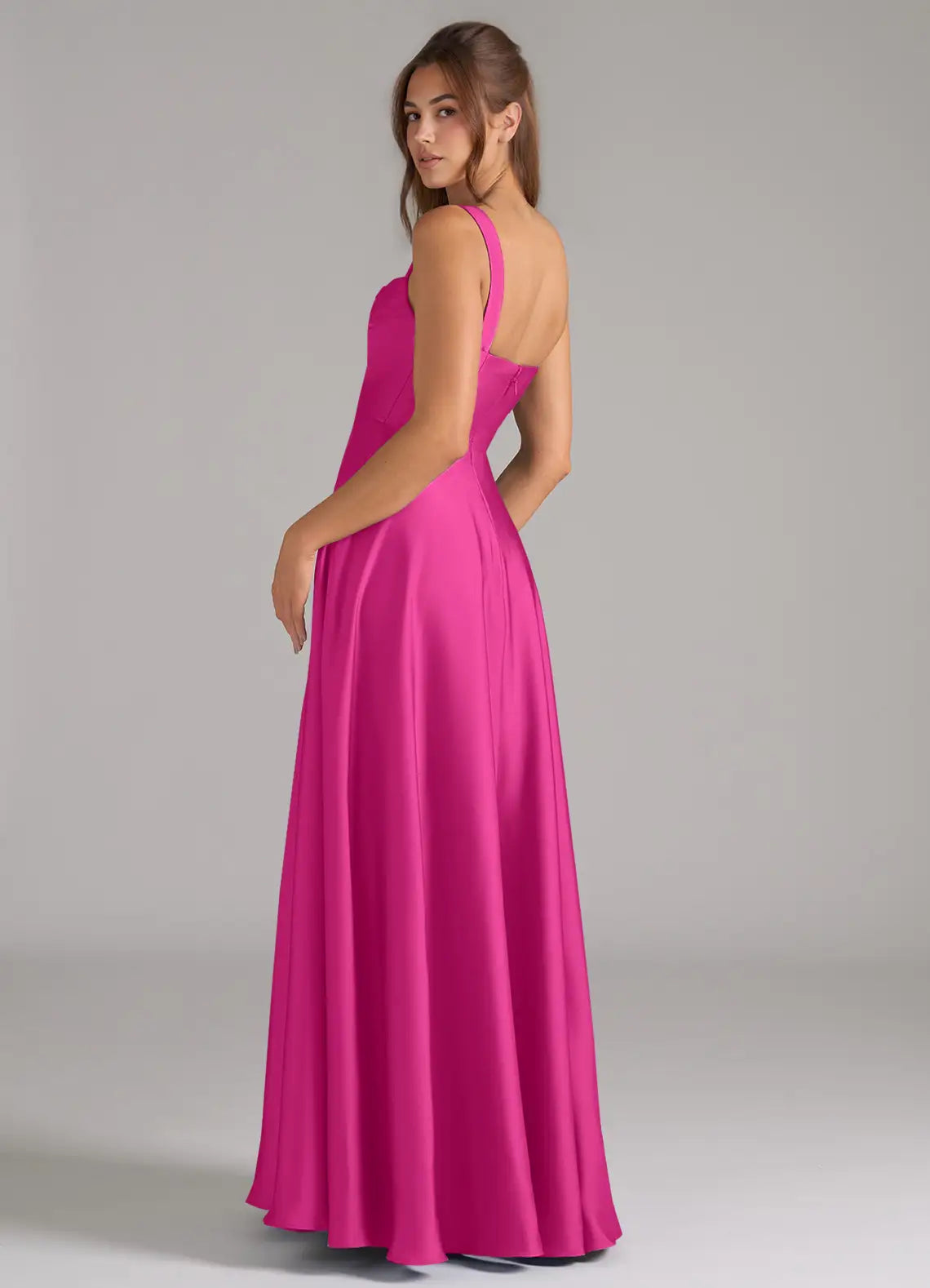 Classic fuchsia satin bridesmaid dress with square neck, wide straps, open back, side pockets and A-line skirt
