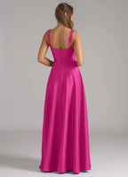 Classic fuchsia satin bridesmaid dress with square neck, wide straps, open back, side pockets and A-line skirt