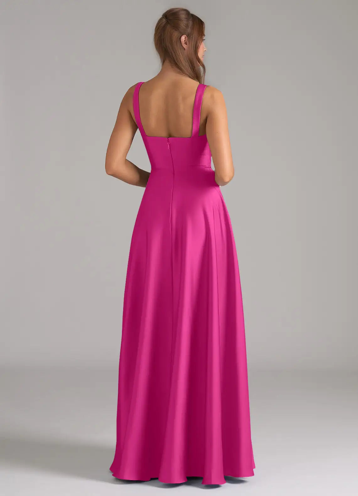 Classic fuchsia satin bridesmaid dress with square neck, wide straps, open back, side pockets and A-line skirt