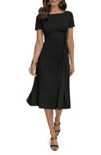 Classy A Line Boat Neck Short Sleeve Solid Back Midi Evening Dress